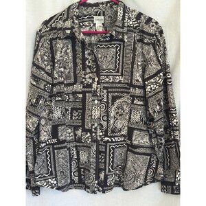 Chicos Black & White Abstract Cotton Long Sleeved No Iron Blouse, Size 14.